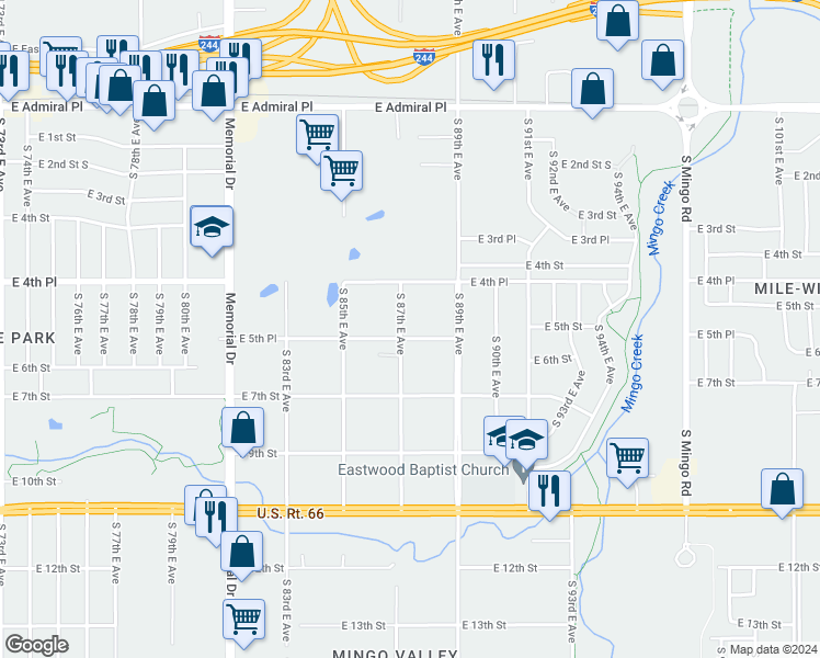 map of restaurants, bars, coffee shops, grocery stores, and more near 523 South 87th East Avenue in Tulsa