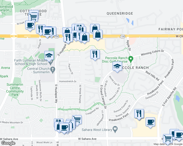 map of restaurants, bars, coffee shops, grocery stores, and more near 9740 Derbyhill Circle in Las Vegas