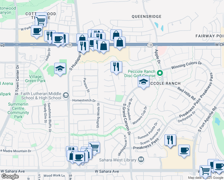 map of restaurants, bars, coffee shops, grocery stores, and more near 9740 Derbyhill Circle in Las Vegas