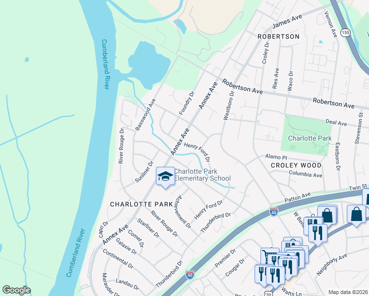 map of restaurants, bars, coffee shops, grocery stores, and more near 602 American Road in Nashville