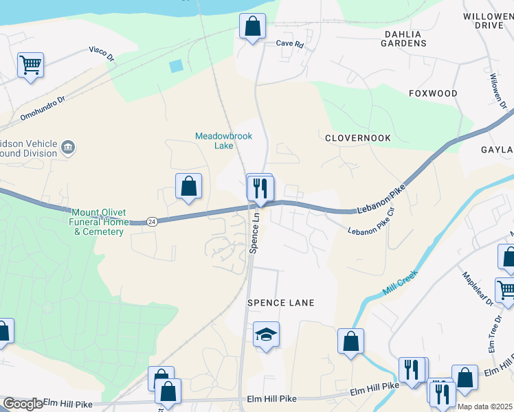 map of restaurants, bars, coffee shops, grocery stores, and more near Lebanon Pike & Spence Ln in Nashville