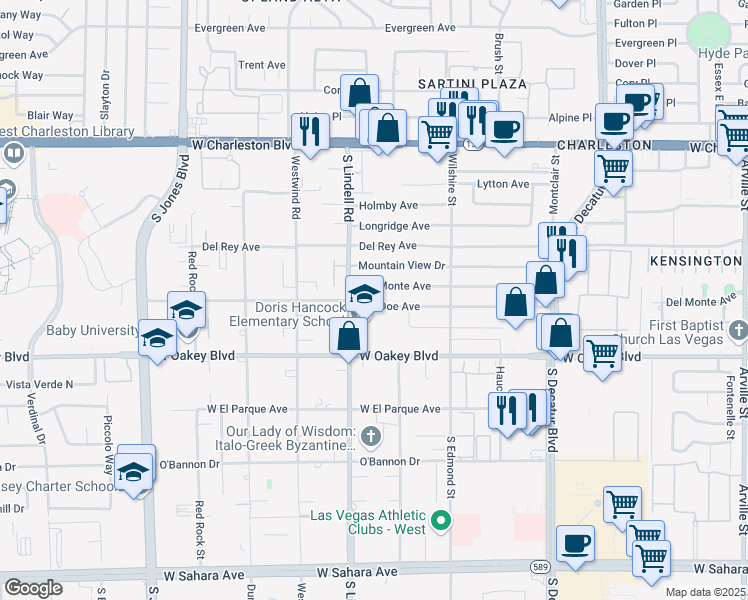 map of restaurants, bars, coffee shops, grocery stores, and more near 5420 Doe Avenue in Las Vegas