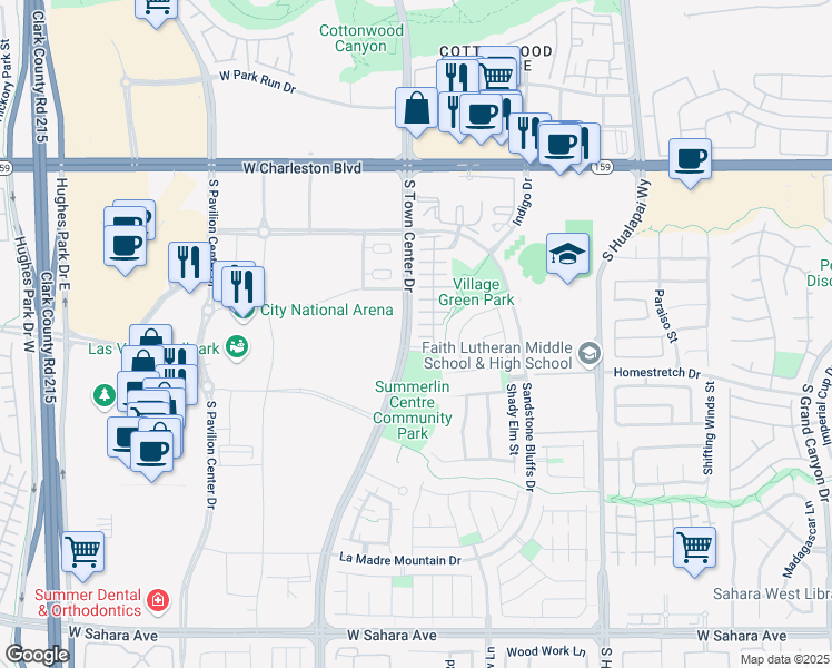 map of restaurants, bars, coffee shops, grocery stores, and more near 10498 Promenade Park Court in Las Vegas