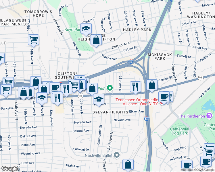 map of restaurants, bars, coffee shops, grocery stores, and more near 414 37th Avenue North in Nashville