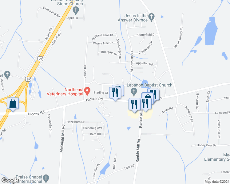 map of restaurants, bars, coffee shops, grocery stores, and more near 5507 Pearview Drive in Greensboro