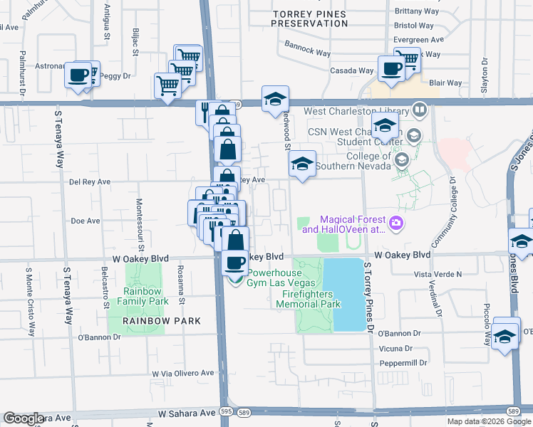 map of restaurants, bars, coffee shops, grocery stores, and more near 1415 Santa Margarita Street in Las Vegas