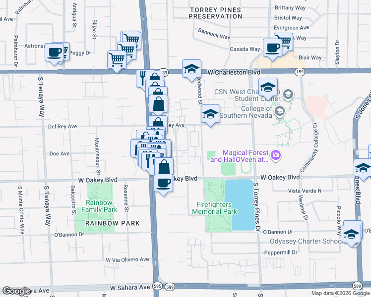 map of restaurants, bars, coffee shops, grocery stores, and more near 1415 Santa Margarita Street in Las Vegas