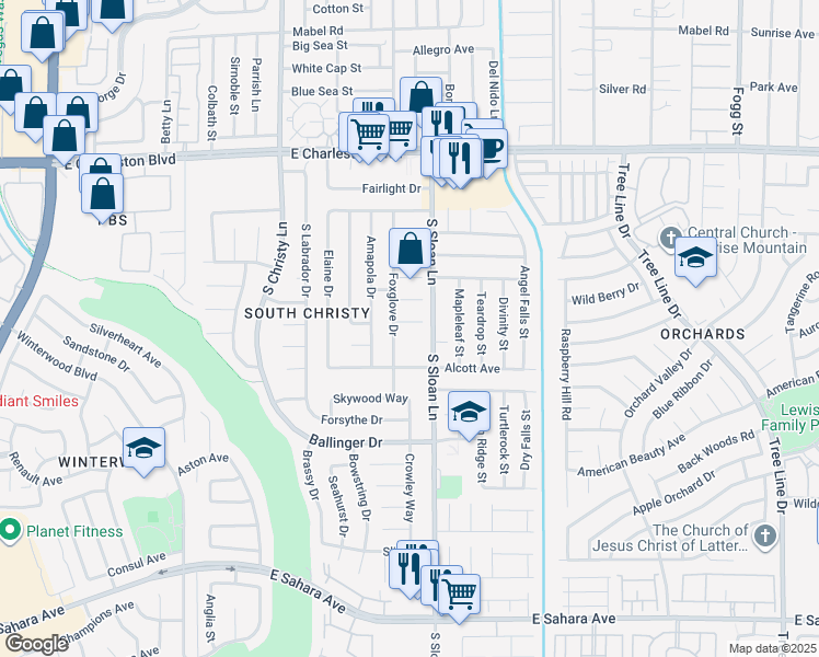 map of restaurants, bars, coffee shops, grocery stores, and more near 5761 Cloverleaf Circle in Las Vegas