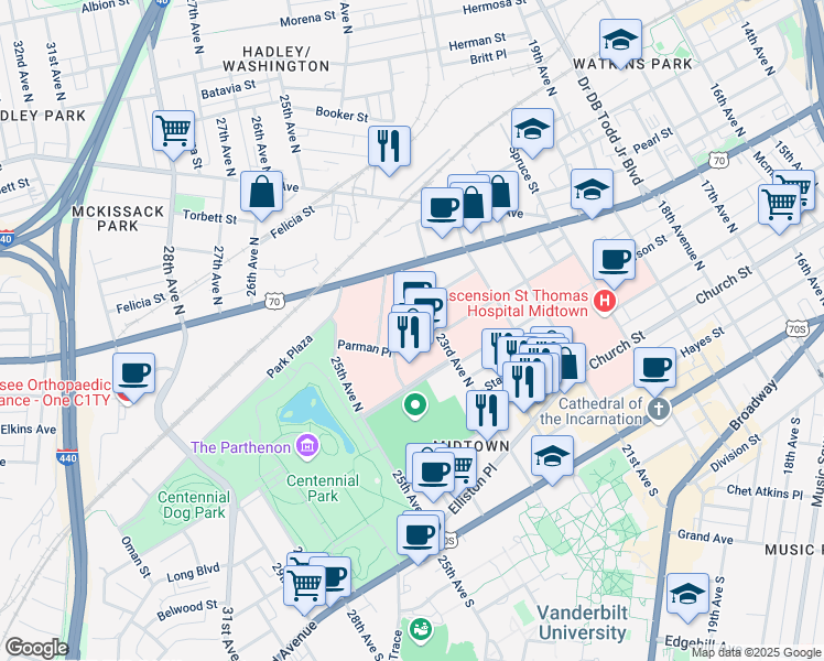 map of restaurants, bars, coffee shops, grocery stores, and more near 2300 Patterson Street in Nashville