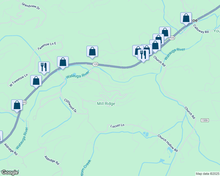 map of restaurants, bars, coffee shops, grocery stores, and more near 408 Clubhouse Drive in Banner Elk