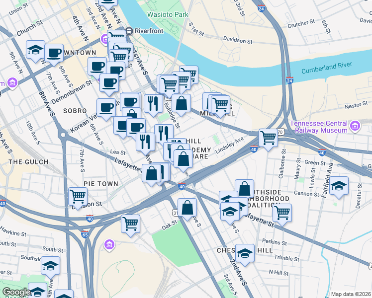 map of restaurants, bars, coffee shops, grocery stores, and more near 724 2nd Avenue South in Nashville