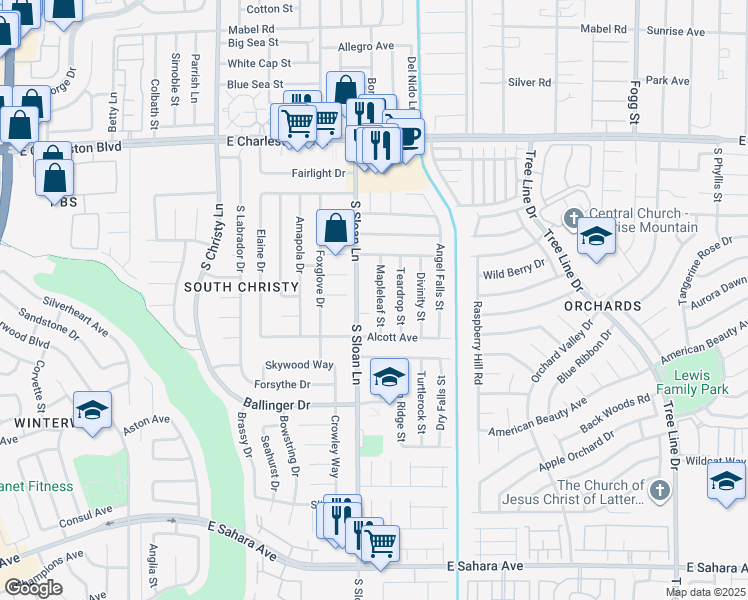 map of restaurants, bars, coffee shops, grocery stores, and more near 1560 South Sloan Lane in Las Vegas