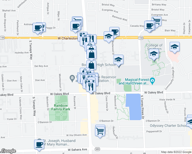 map of restaurants, bars, coffee shops, grocery stores, and more near 1410 Santa Margarita Street in Las Vegas