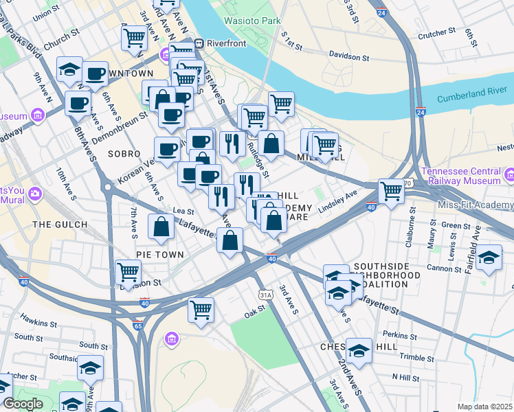 map of restaurants, bars, coffee shops, grocery stores, and more near 625 2nd Avenue South in Nashville