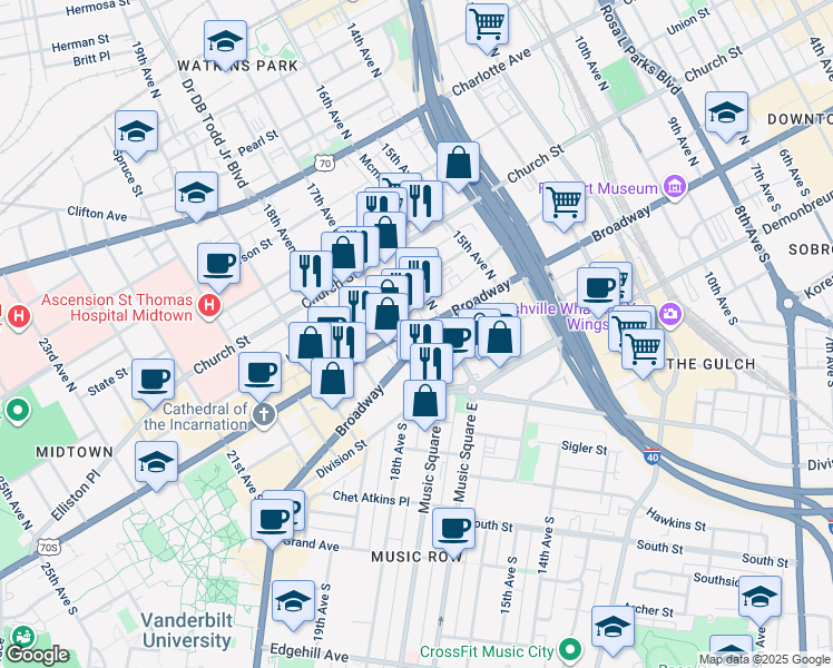 map of restaurants, bars, coffee shops, grocery stores, and more near 1600 West End Avenue in Nashville