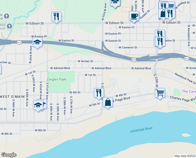 map of restaurants, bars, coffee shops, grocery stores, and more near 3321 West 1st Street in Tulsa