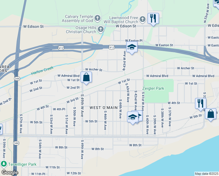 map of restaurants, bars, coffee shops, grocery stores, and more near 4439 West 1st Street in Tulsa