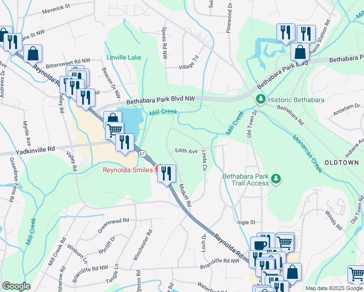 map of restaurants, bars, coffee shops, grocery stores, and more near 3354 Linda Circle in Winston-Salem