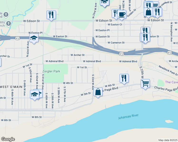 map of restaurants, bars, coffee shops, grocery stores, and more near 3321 West 1st Street in Tulsa