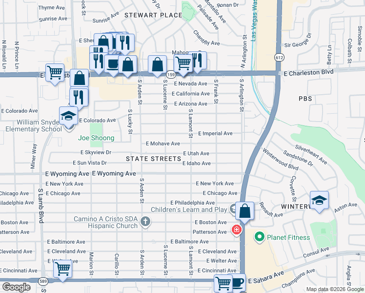 map of restaurants, bars, coffee shops, grocery stores, and more near 4765 East Mohave Avenue in Las Vegas