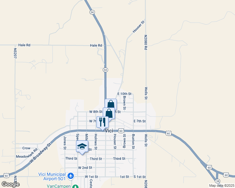 map of restaurants, bars, coffee shops, grocery stores, and more near 811 Houser Street in Vici