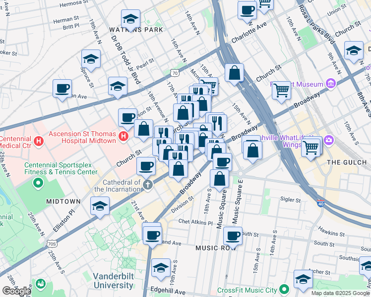 map of restaurants, bars, coffee shops, grocery stores, and more near in Nashville