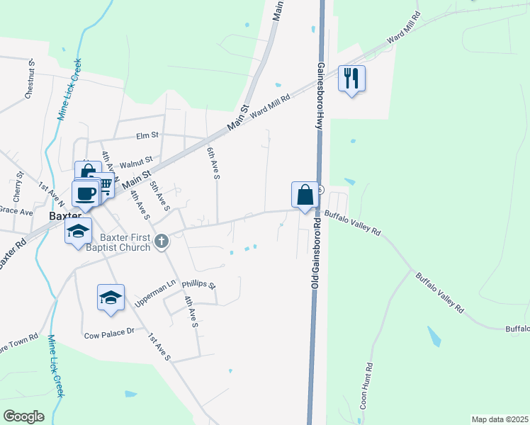 map of restaurants, bars, coffee shops, grocery stores, and more near 733A Buffalo Valley Road in Baxter