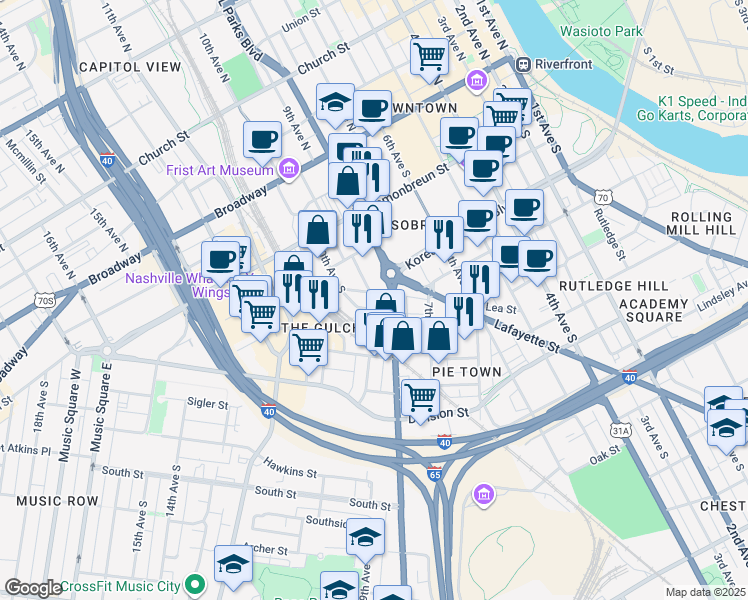 map of restaurants, bars, coffee shops, grocery stores, and more near 425 Tennessee 6 in Nashville