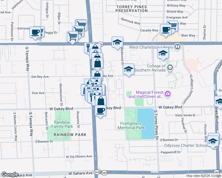 map of restaurants, bars, coffee shops, grocery stores, and more near 1423 Santa Margarita Street in Las Vegas