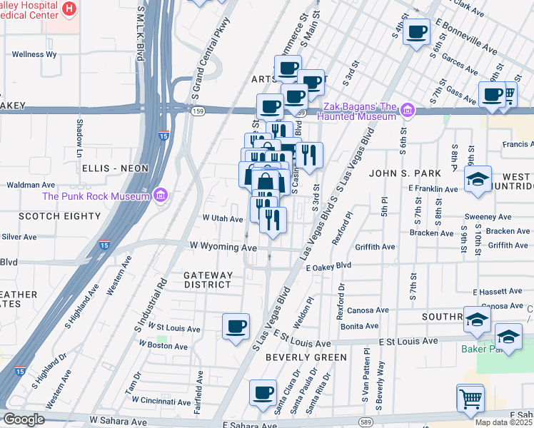 map of restaurants, bars, coffee shops, grocery stores, and more near 1401 South Main Street in Las Vegas