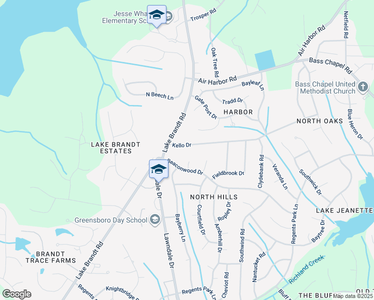map of restaurants, bars, coffee shops, grocery stores, and more near 2123 Kello Drive in Greensboro
