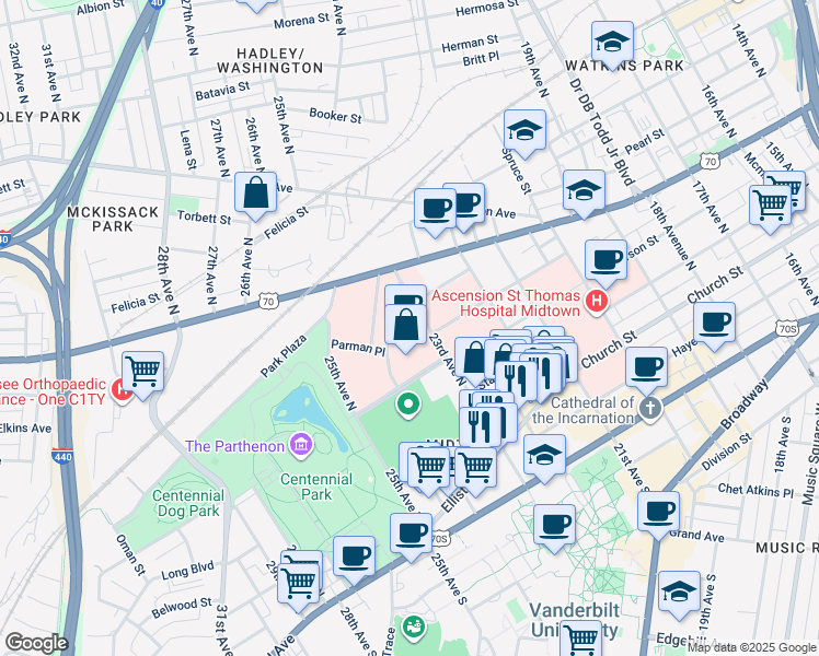 map of restaurants, bars, coffee shops, grocery stores, and more near 2300 Patterson Street in Nashville