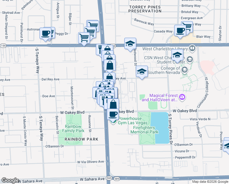 map of restaurants, bars, coffee shops, grocery stores, and more near 1410 Santa Margarita Street in Las Vegas