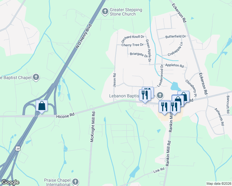 map of restaurants, bars, coffee shops, grocery stores, and more near 5504 Jason Road in Greensboro