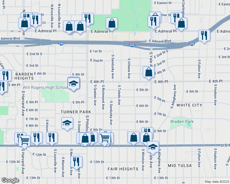 map of restaurants, bars, coffee shops, grocery stores, and more near 4323 East 5th Street in Tulsa