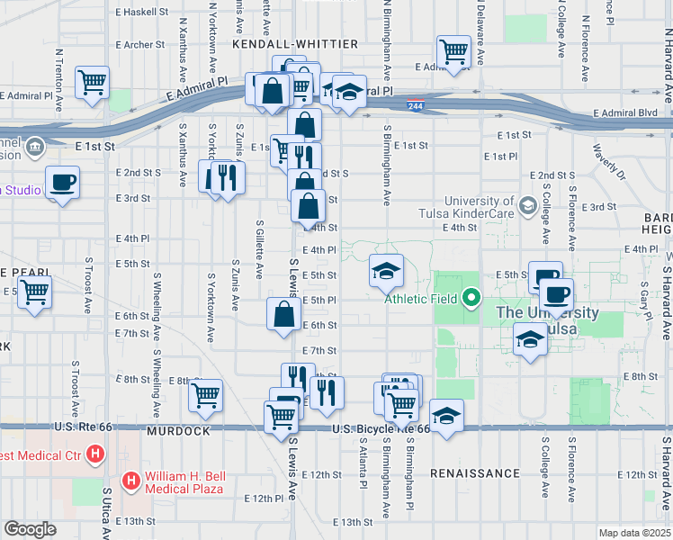 map of restaurants, bars, coffee shops, grocery stores, and more near 480 South Atlanta Avenue in Tulsa