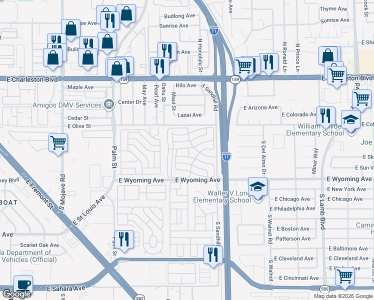 map of restaurants, bars, coffee shops, grocery stores, and more near 1601 South Sandhill Road in Las Vegas