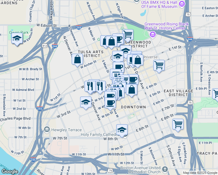 map of restaurants, bars, coffee shops, grocery stores, and more near in Tulsa