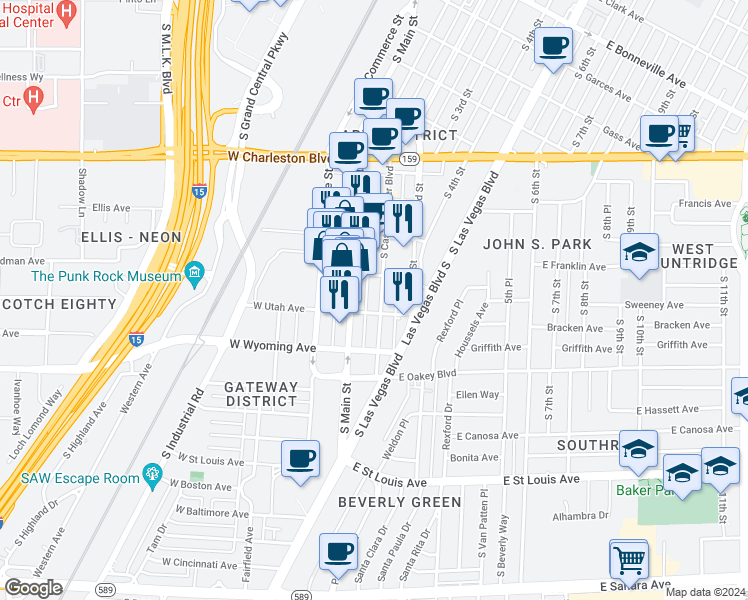 map of restaurants, bars, coffee shops, grocery stores, and more near 1422 South Casino Center Boulevard in Las Vegas