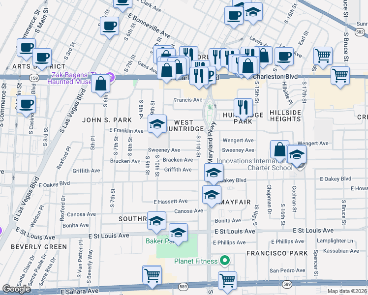 map of restaurants, bars, coffee shops, grocery stores, and more near 1047 Wengert Avenue in Las Vegas