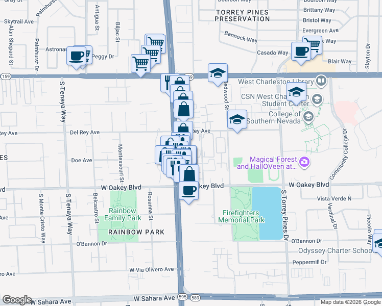 map of restaurants, bars, coffee shops, grocery stores, and more near 1410 Santa Margarita Street in Las Vegas