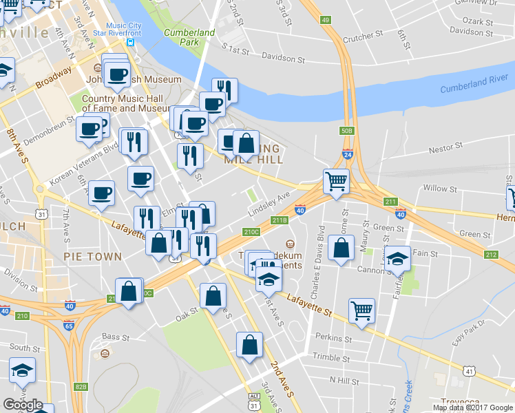map of restaurants, bars, coffee shops, grocery stores, and more near 134 Academy Square in Nashville