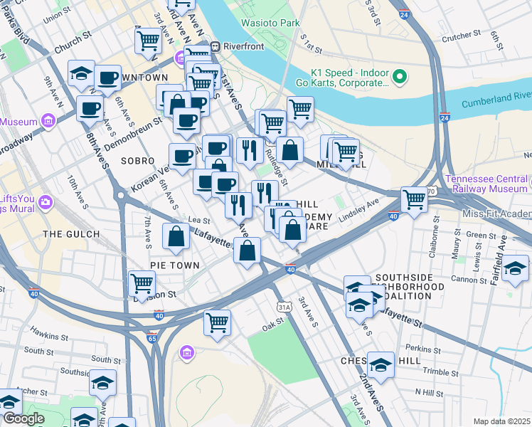 map of restaurants, bars, coffee shops, grocery stores, and more near 625 2nd Avenue South in Nashville