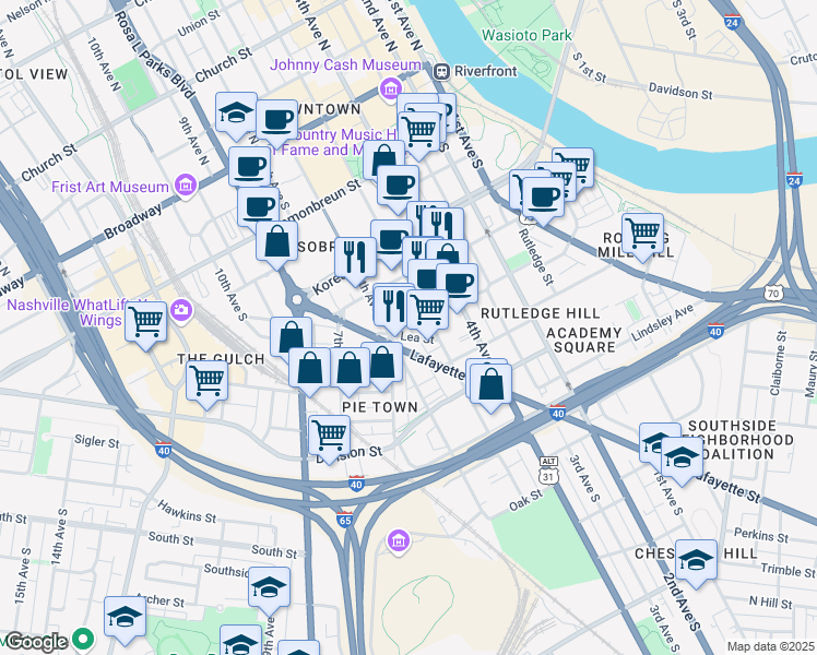 map of restaurants, bars, coffee shops, grocery stores, and more near 514 Rep. John Lewis Way South in Nashville