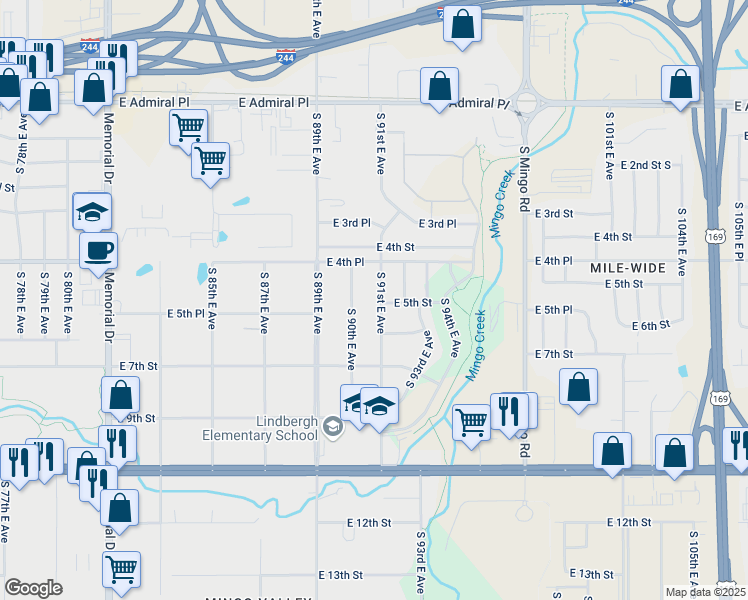 map of restaurants, bars, coffee shops, grocery stores, and more near 450 South 91st East Avenue in Tulsa