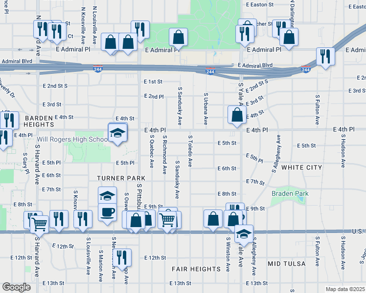 map of restaurants, bars, coffee shops, grocery stores, and more near 4323 East 5th Street in Tulsa