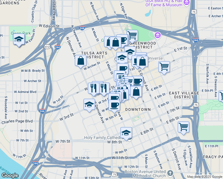 map of restaurants, bars, coffee shops, grocery stores, and more near 2 West 2nd Street in Tulsa
