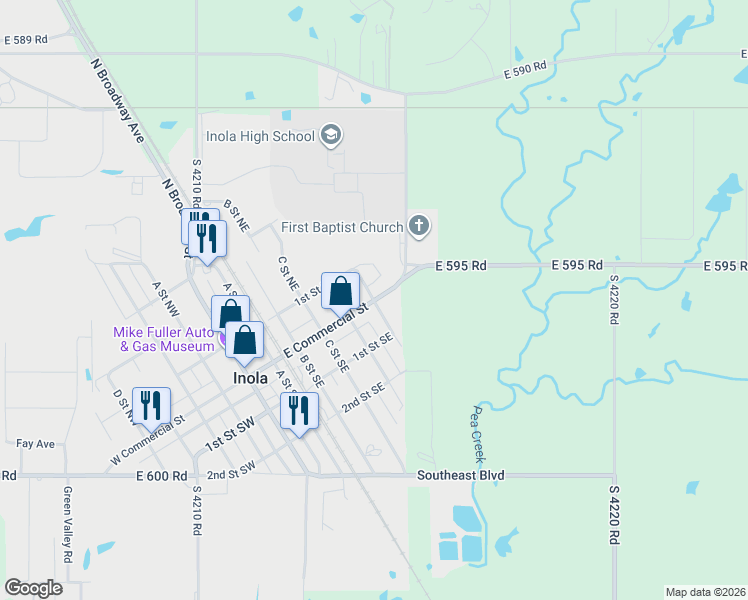 map of restaurants, bars, coffee shops, grocery stores, and more near 5 E Street Southeast in Inola
