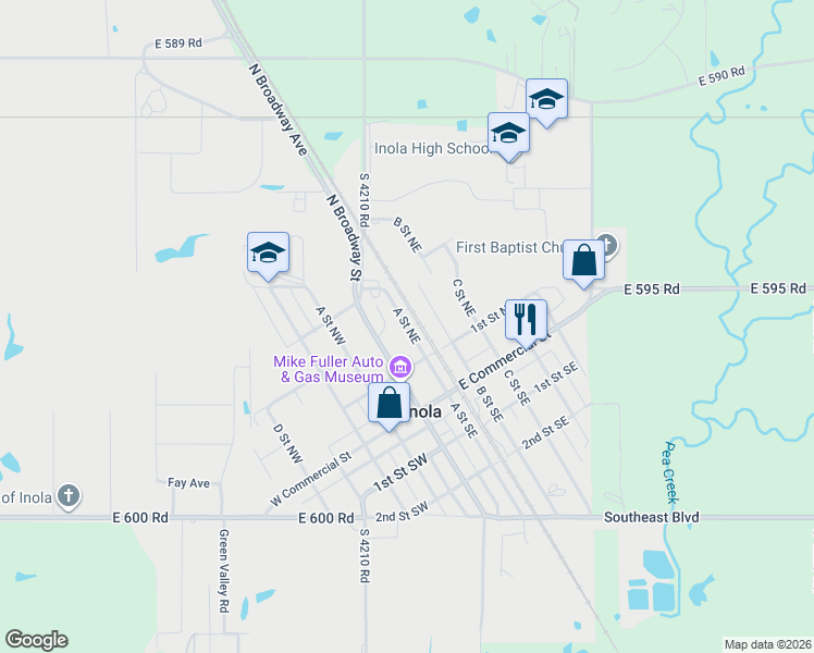 map of restaurants, bars, coffee shops, grocery stores, and more near 210 B Street Northeast in Inola