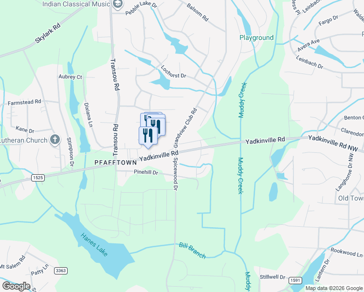 map of restaurants, bars, coffee shops, grocery stores, and more near 3227 Grandview Club Road in Winston-Salem